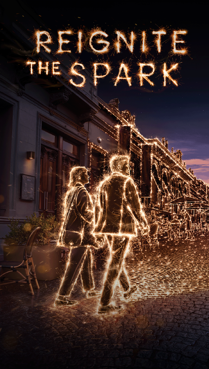 Two people walking down a street with glowing spark effects surrounding them.